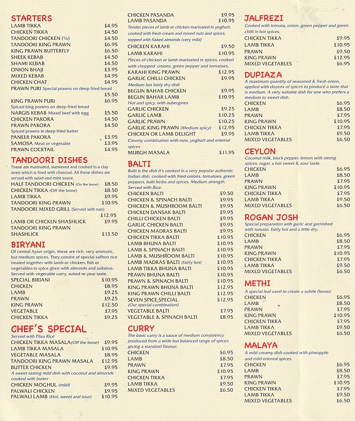 Menu of Seven Spice Merlins Bridge