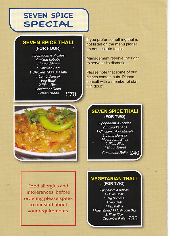Menu of Seven Spice Merlins Bridge