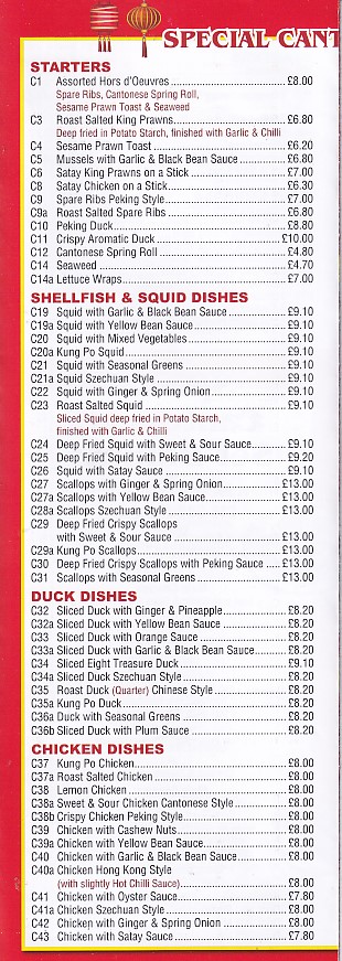 China Town ,Tenby. menu
